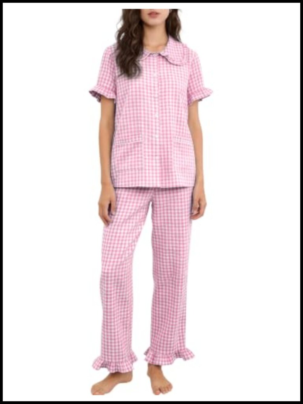 Women's Cotton Gingham Short Sleeve Loose Pajama Set